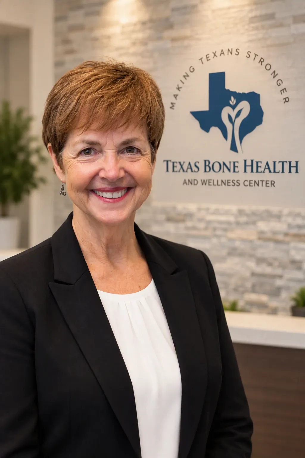 Annette Gantz, FNP, smiling in front of the Texas Bone Health and Wellness Center sign