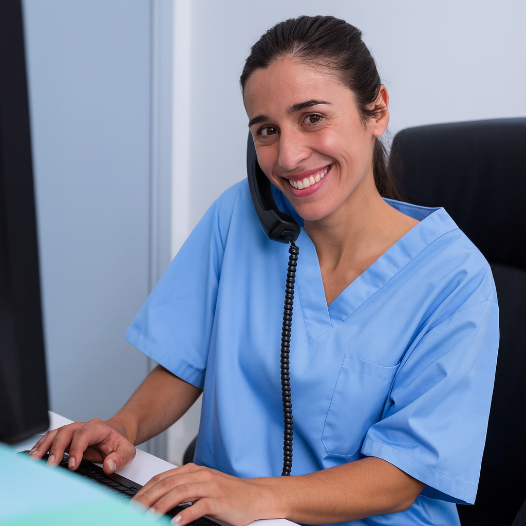 A smiling female healthcare worker in light blue scrubs sits at a desk, holding a phone between her ear and shoulder while typing on a keyboard. She looks directly at the camera with a friendly expression in a bright, modern office setting.